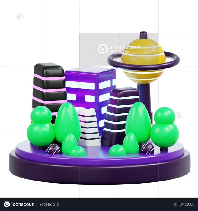 Paisagem urbana iluminada por neon e paisagem futurista  3D Icon