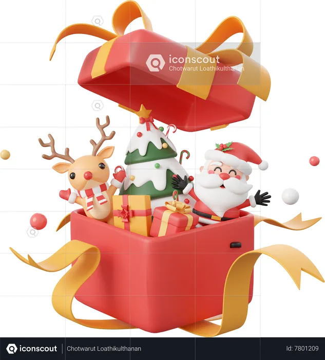 Papá Noel y renos con adornos en caja de regalo abierta.  3D Icon