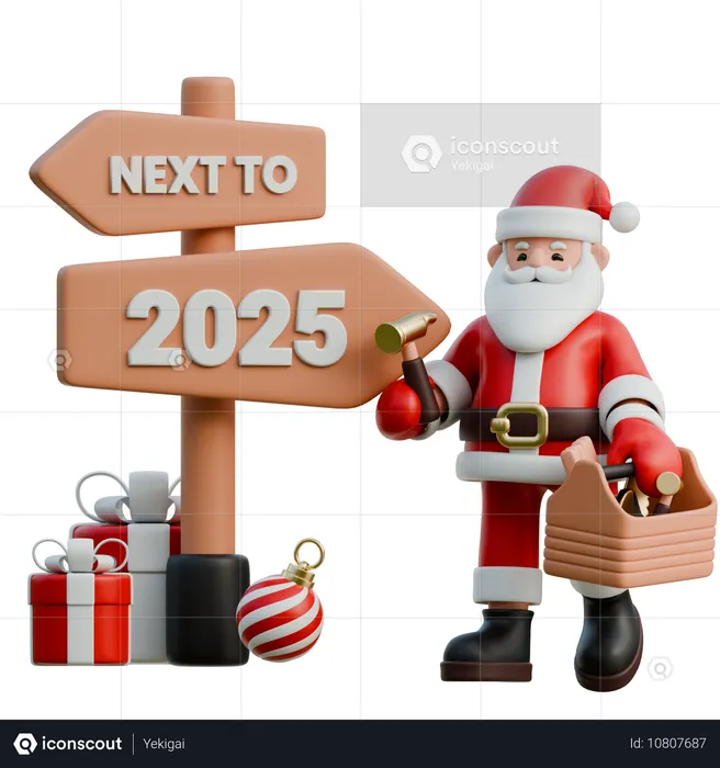 Papá Noel con una caja de herramientas junto al año 2025  3D Illustration