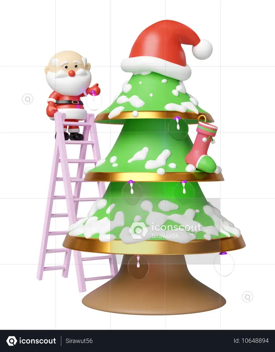 Papá Noel decorando el árbol de Navidad.  3D Illustration