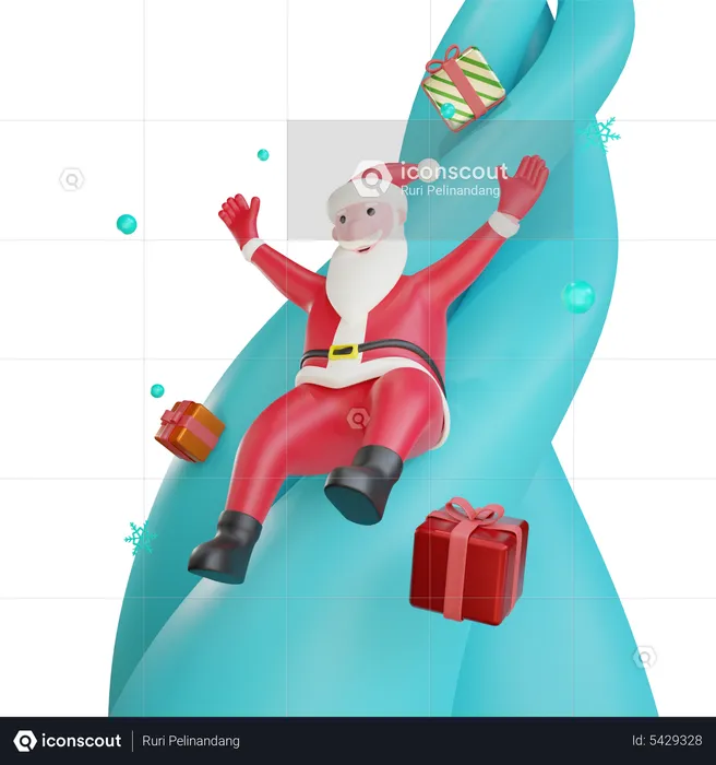 Papá Noel deslizándose con regalos.  3D Illustration