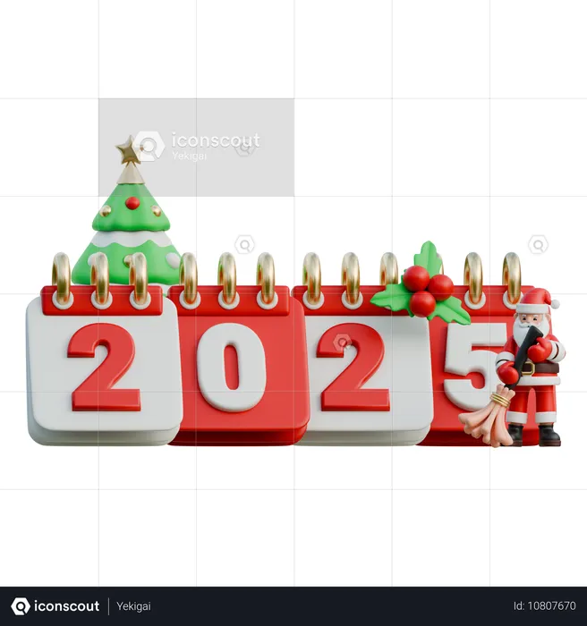 Papá Noel sosteniendo una escoba mientras ordena el lugar alrededor del año 2025  3D Illustration