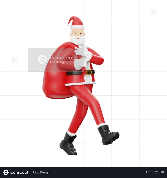 Papai Noel andando com sacola de presentes  3D Illustration