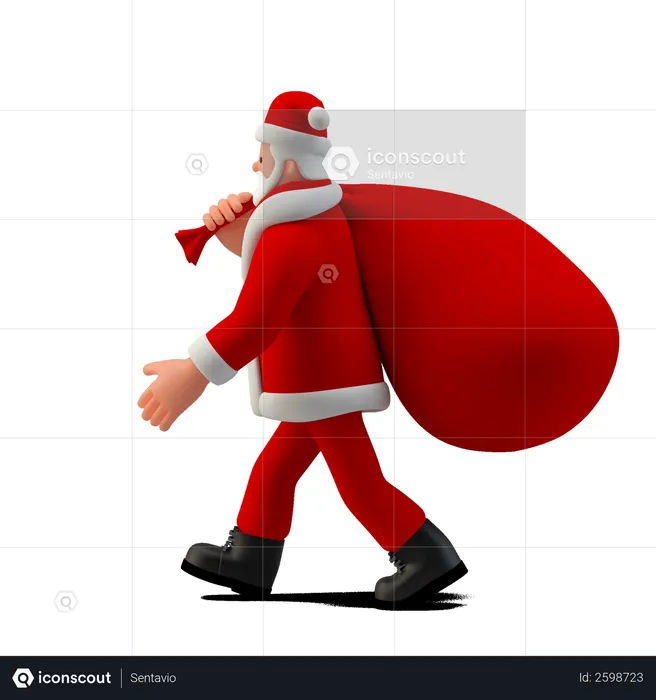 Papai Noel andando com sacola de presentes  3D Illustration