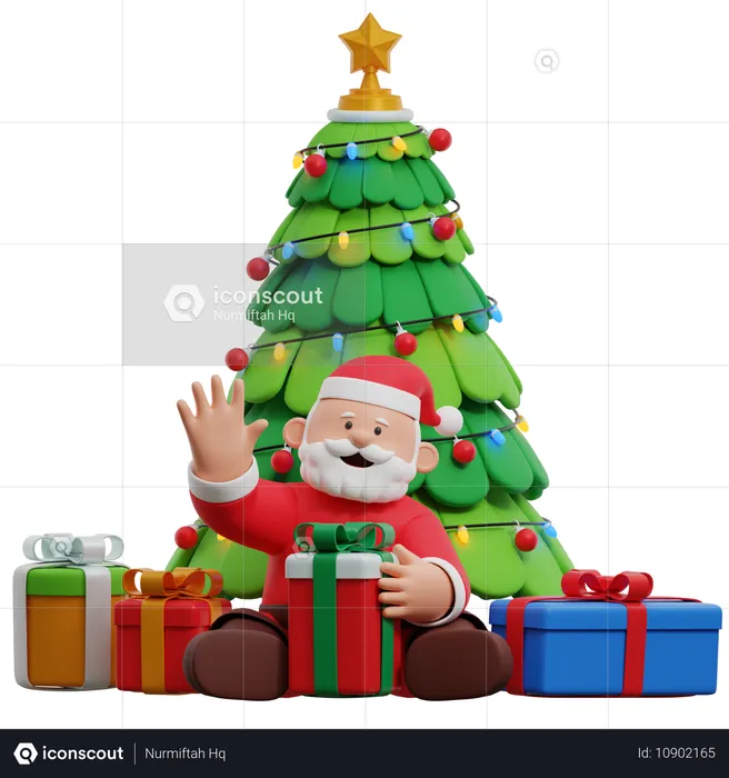 Papai noel com árvore de natal e presentes  3D Illustration