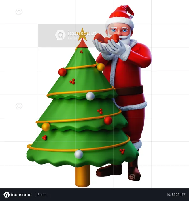 Papai Noel decorando árvore de Natal com laço de fita  3D Illustration