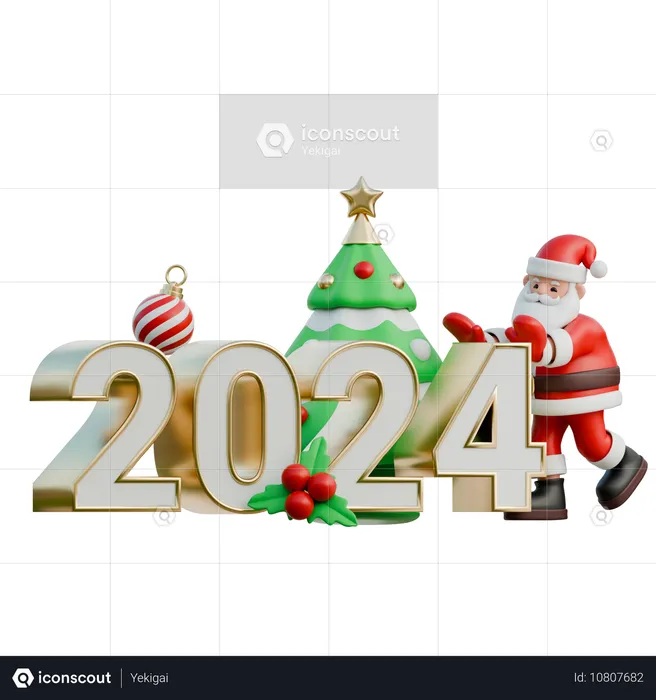 Papai Noel empurrando 2024 para o lado  3D Illustration