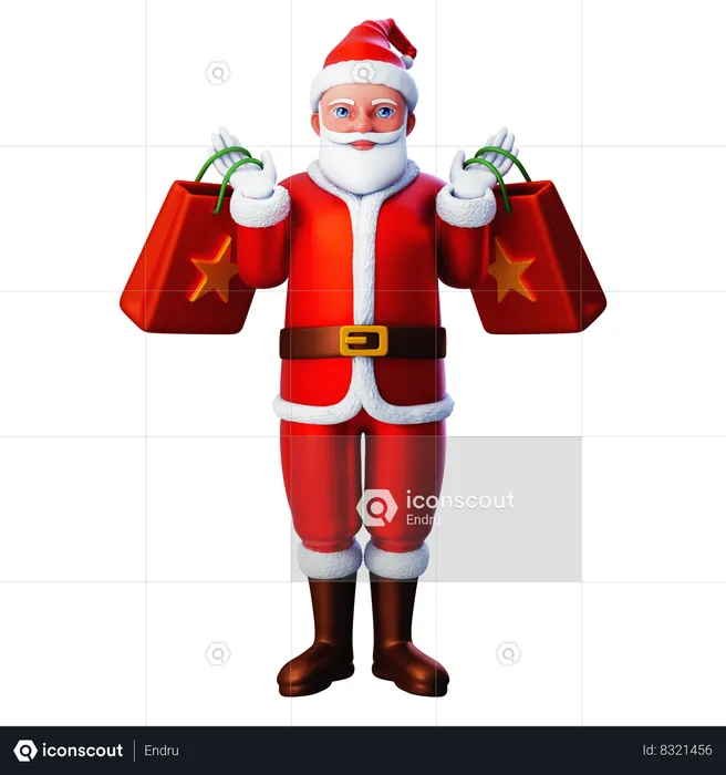 Papai Noel segurando duas sacolas de compras nas costas  3D Illustration