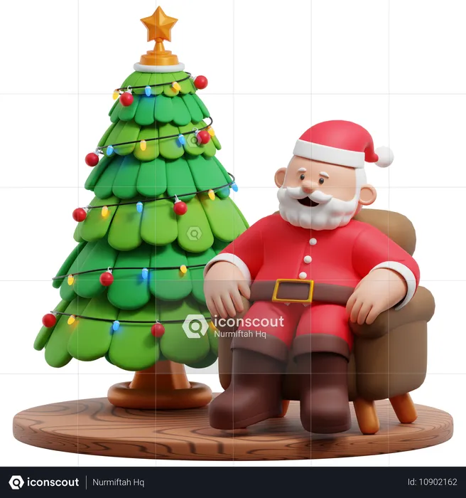 Papai noel sentado no sofá com decoração de árvore de natal  3D Illustration