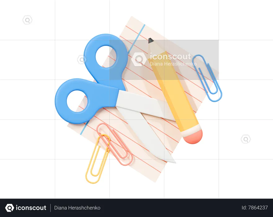 Note de papier avec un crayon et des ciseaux  3D Icon