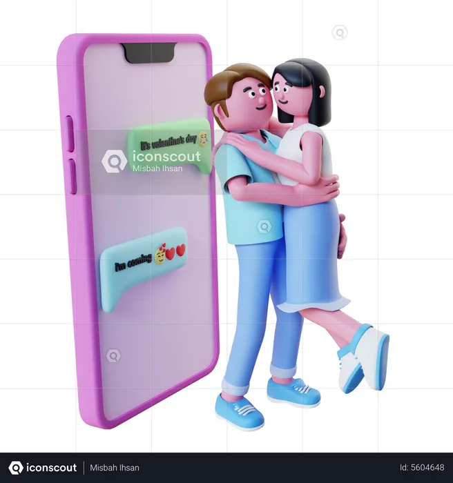 Pareja celebrando San Valentín con teléfono  3D Illustration