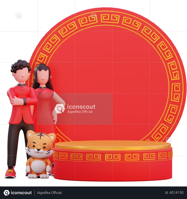 Pareja china de pie con tigre  3D Illustration