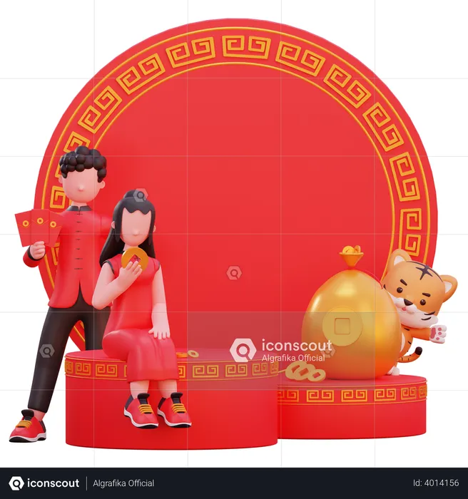 Pareja china sosteniendo tarjetas en la mano  3D Illustration