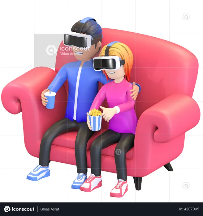 Pareja disfrutando de una película de realidad virtual  3D Illustration