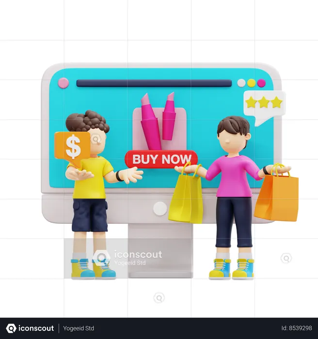 Pareja joven haciendo compras desde el sitio web  3D Illustration