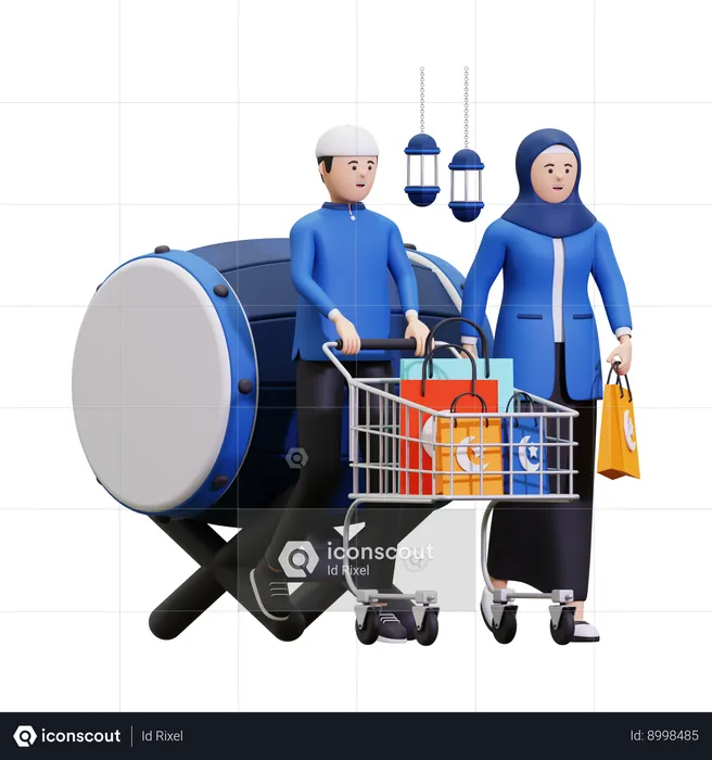 Pareja musulmana haciendo compras para el Ramadán  3D Illustration