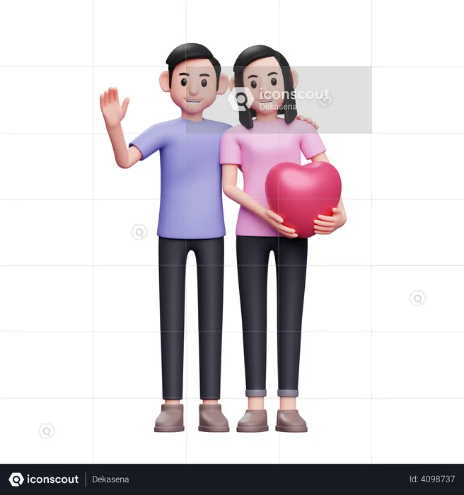 Pareja romántica posando sosteniendo globos de corazón  3D Illustration