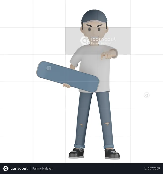 Patinador feliz mostrando algo enquanto segura o skate  3D Illustration