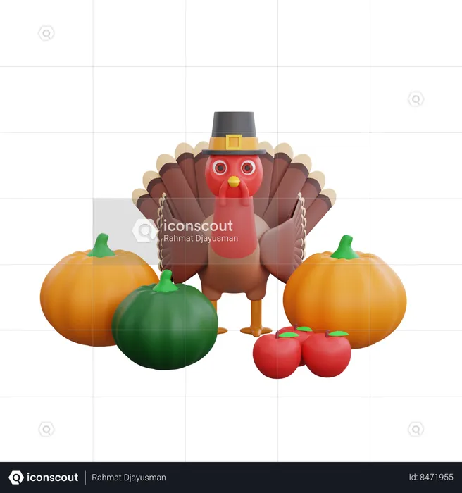 Pájaro Pavo De Pie Con Calabazas  3D Icon