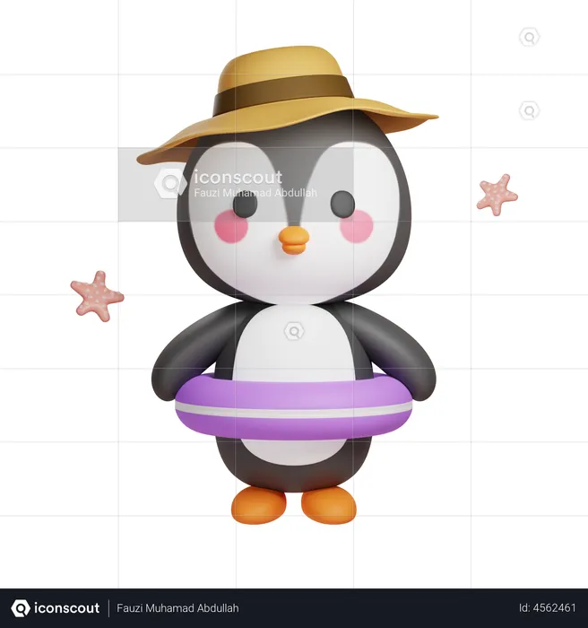 Penguin Using Lifebuoy  3D Illustration