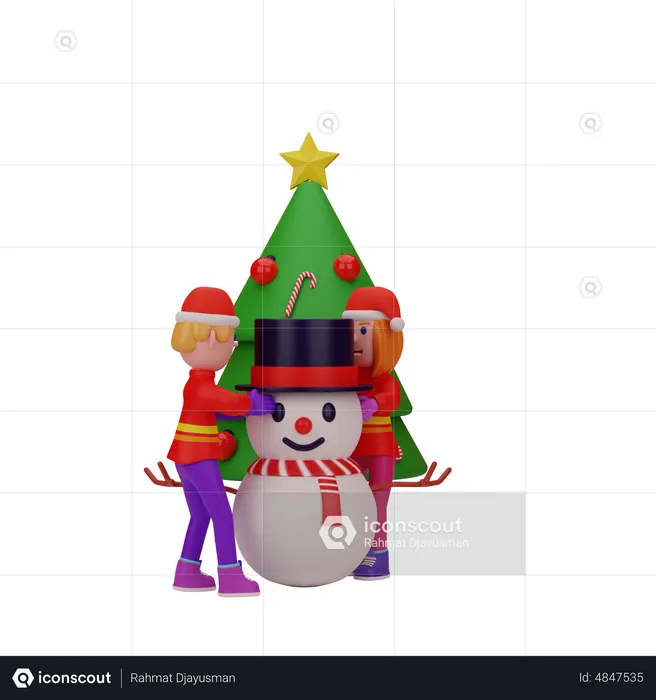 People Doing hug to Snowman  3D Illustration