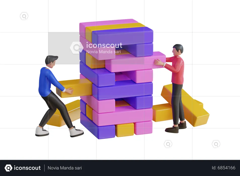 People Playing Wooden Cubes Block Puzzle  3D Illustration