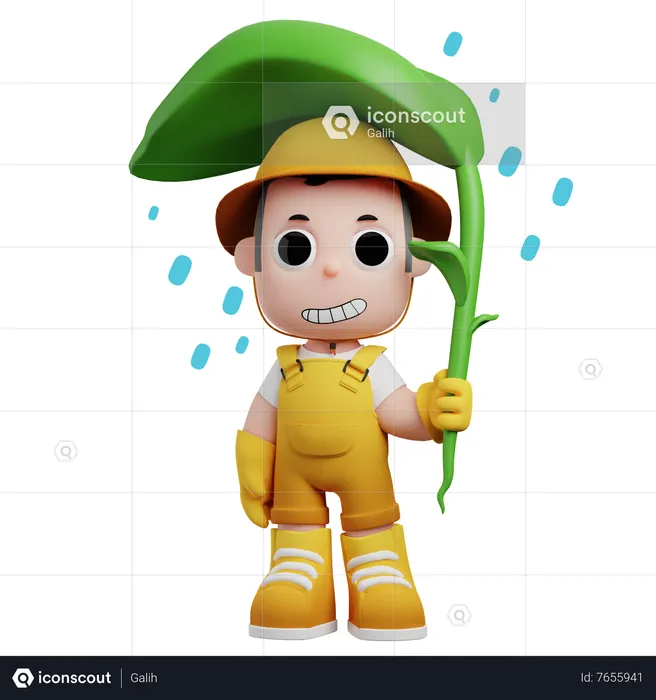 Pequeno agricultor usando planta como guarda-chuva  3D Illustration