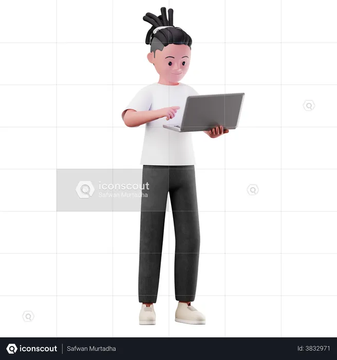 Personagem de menino usando um laptop  3D Illustration