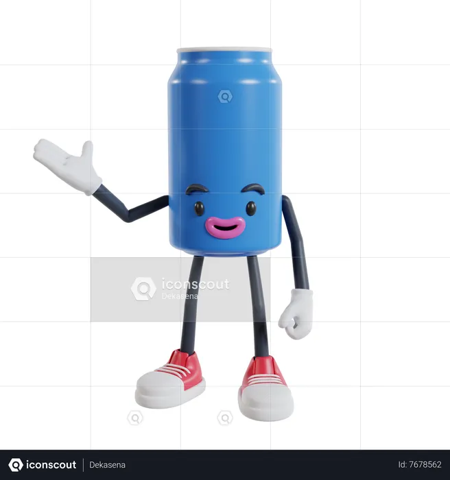 Personagem de latas de refrigerante apresentando com a mão direita  3D Illustration