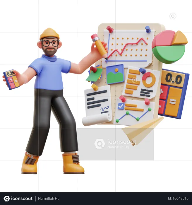 Personagem masculino analisando dados comerciais  3D Illustration