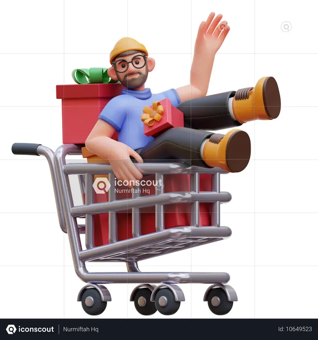 Personagem masculino carrinho de compras com presentes  3D Illustration