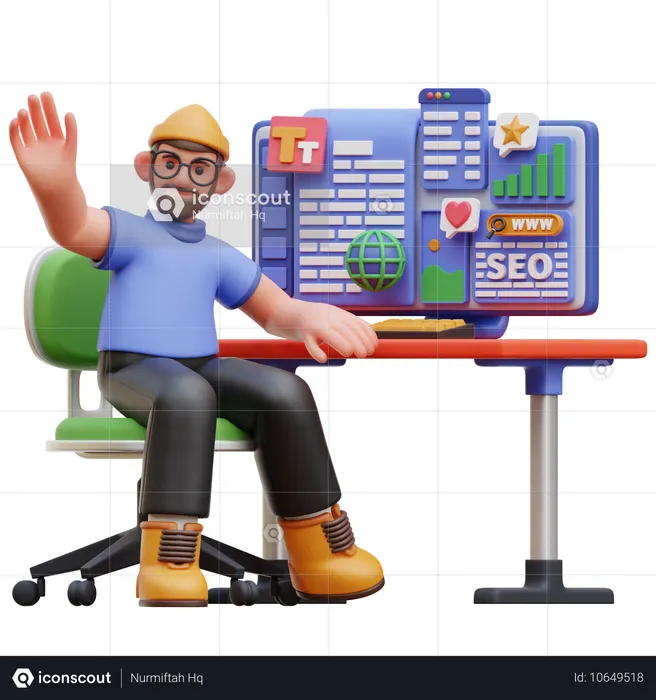 Personagem masculino na mesa com painel de SEO  3D Illustration