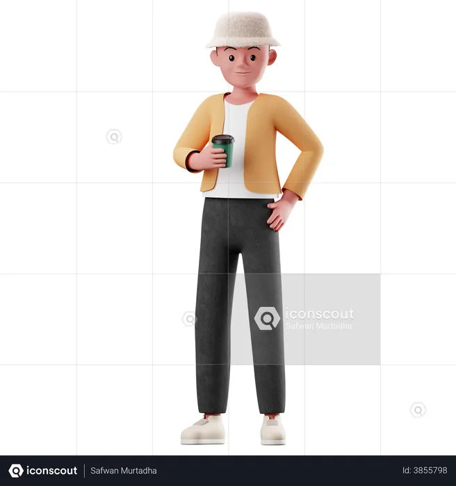 Personagem masculino segurando uma xícara de café  3D Illustration