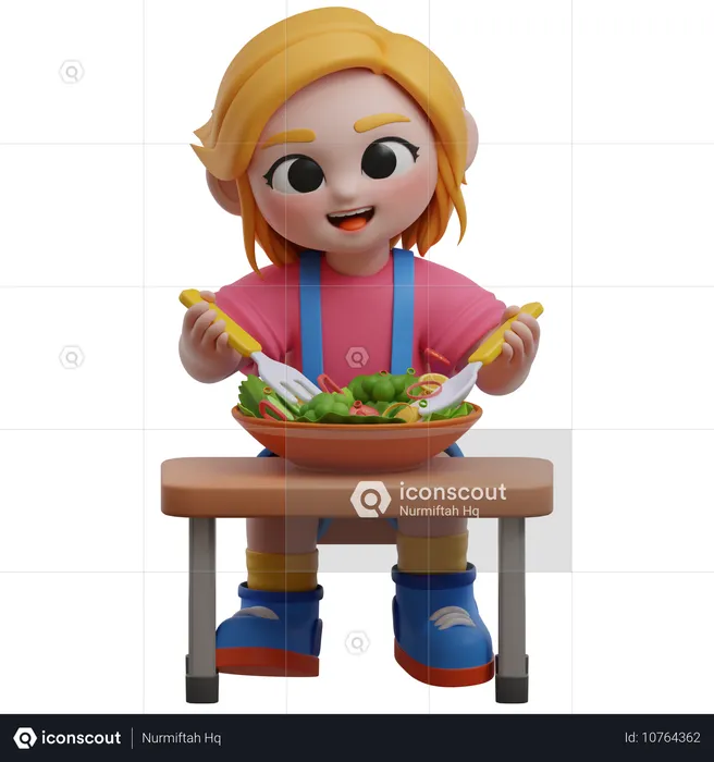 Personagem feminina aproveitando salada em uma mesa  3D Illustration