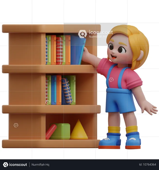 Personagem feminina organizando livros na prateleira  3D Illustration