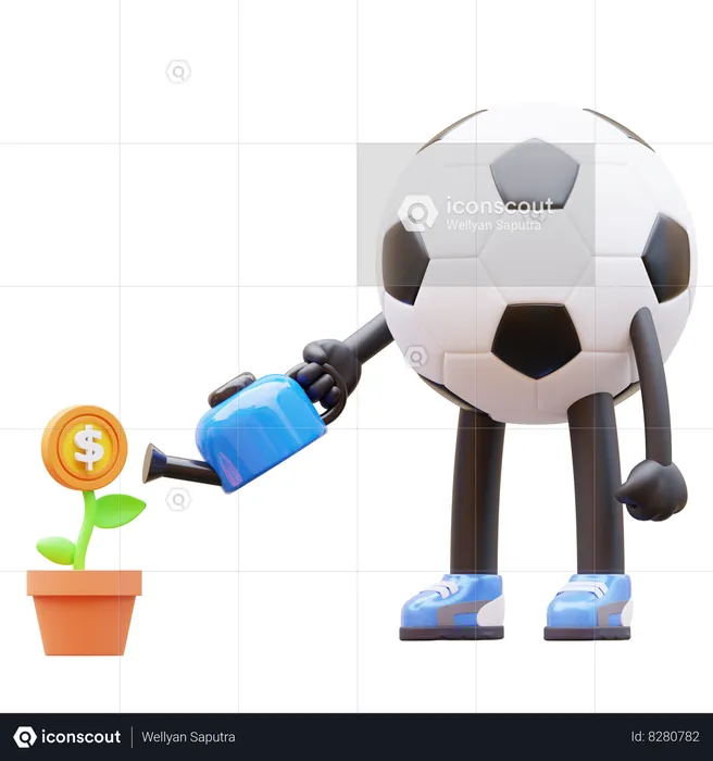 Personaje de balón de fútbol regando planta de dinero para inversión  3D Illustration