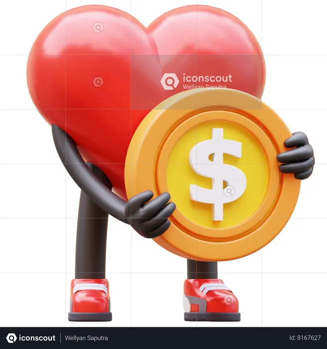 Carácter del corazón con moneda  3D Icon