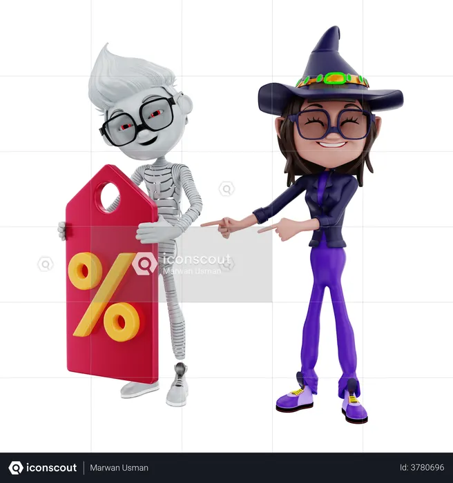 Personaje de Halloween mostrando etiqueta de descuento  3D Illustration