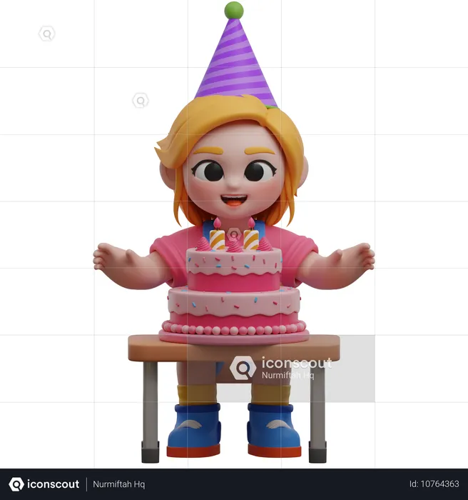 Personaje de niña con pastel de cumpleaños  3D Illustration