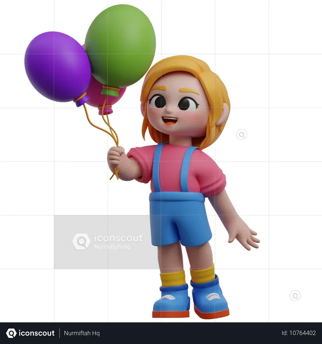 Personaje de niña sosteniendo globos  3D Illustration