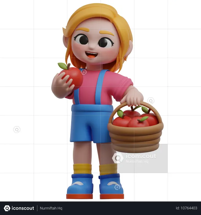 Personaje de niña sosteniendo una canasta de manzanas  3D Illustration