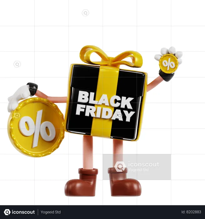 Personaje de regalo de viernes negro con insignia de descuento  3D Illustration