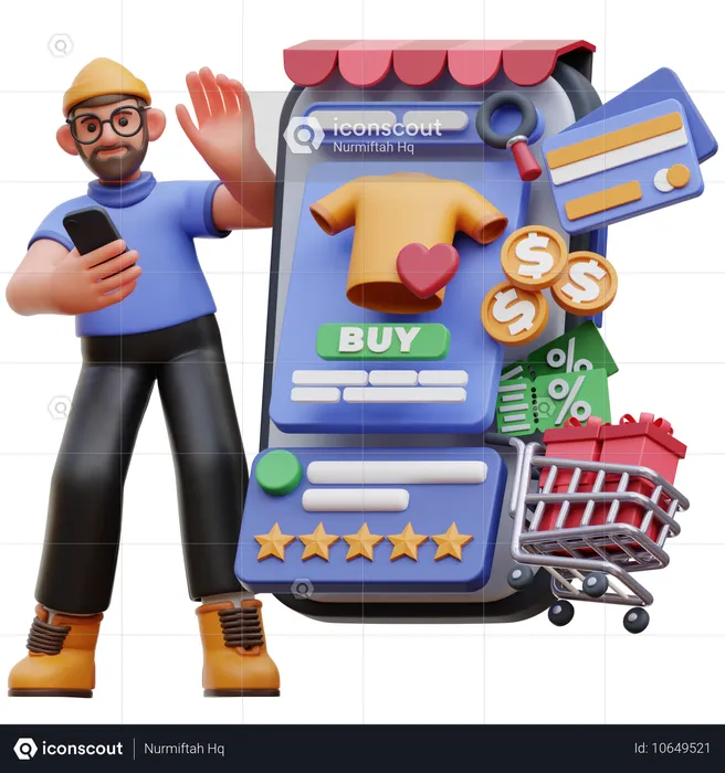 Personaje masculino haciendo compras en línea  3D Illustration