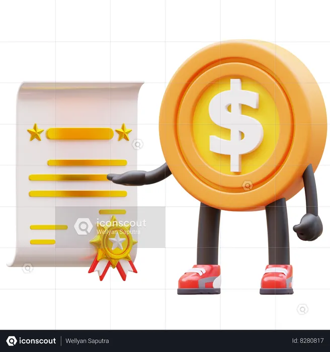 Le personnage d'une pièce d'un dollar obtient un certificat  3D Illustration