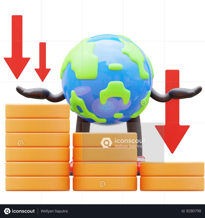 Caractère de la Terre montrant le graphique de l'argent tombant  3D Illustration
