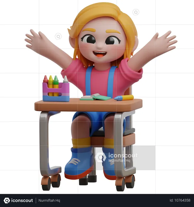 Personnage de fille au bureau avec des fournitures  3D Illustration