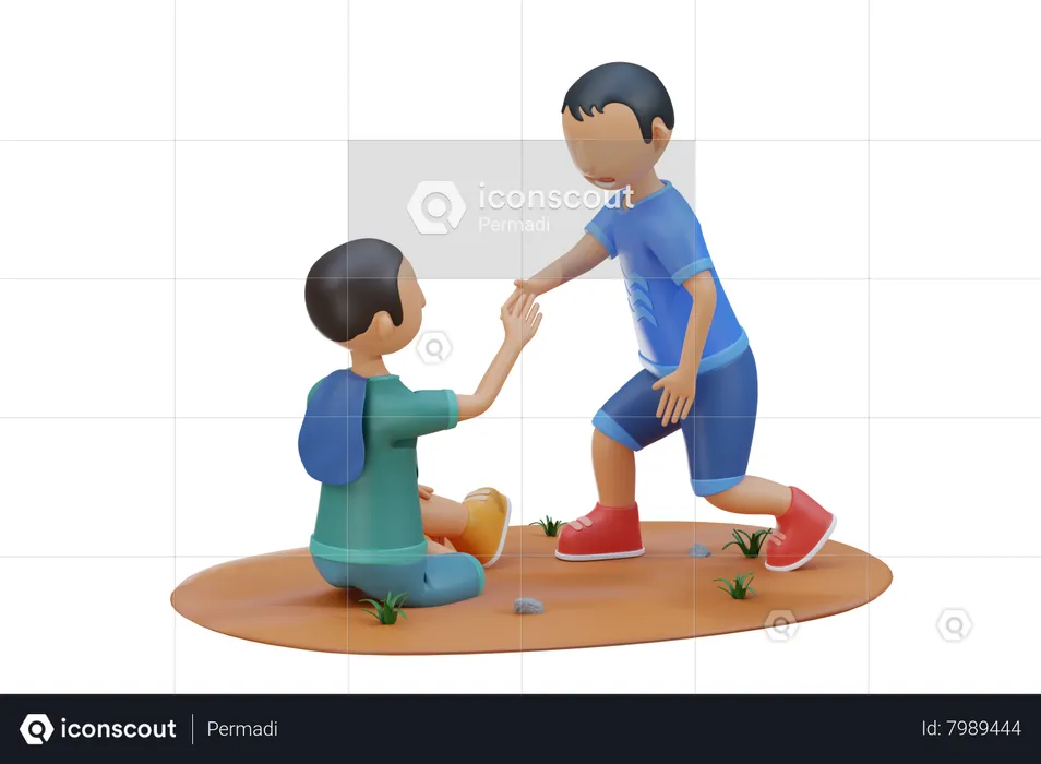 Petit enfant aidant un ami qui tombe par terre  3D Illustration