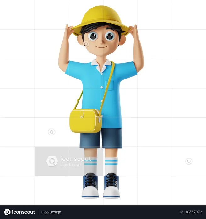 Petit garçon tenant un chapeau rond tout en faisant un psoe debout  3D Illustration