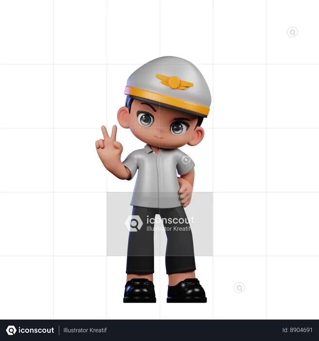 Petit pilote montrant le signe de la paix  3D Illustration