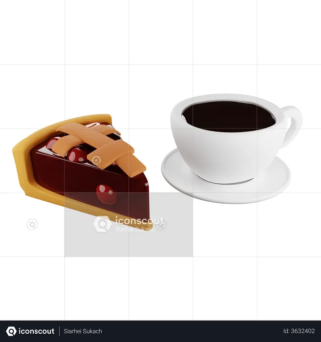 Piece of cherry pie and coffe  3D Illustration